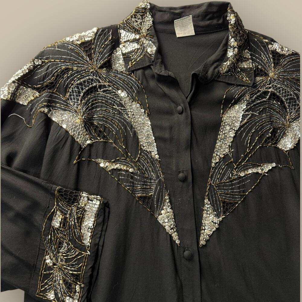 Western Shirt Blouse Black Long Sleeve Equestrian Cowgirl Women Sequin Button XL